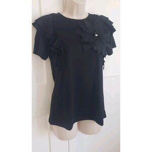 NWT BADGLEY MISCHKA BLACK BLOUSE FLOWER STONES DETAILS RUFFLE ACCENT TOP MEDIUM